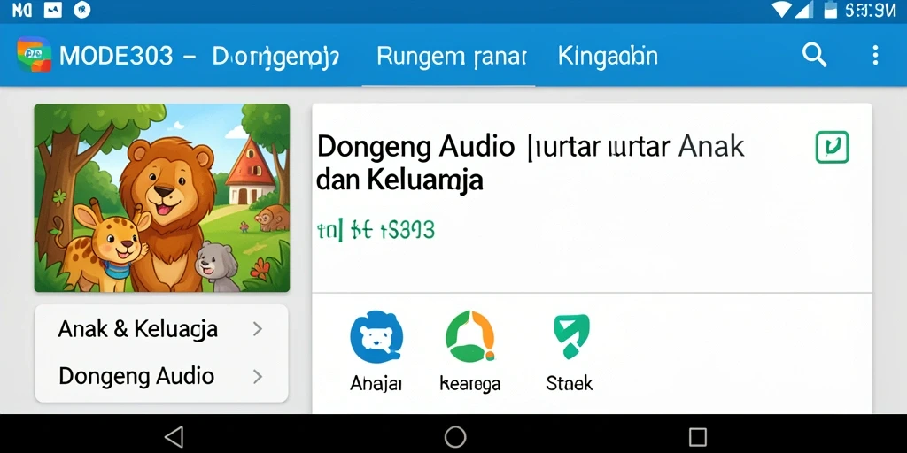 Antarmuka pengguna aplikasi MODE303 menampilkan berbagai pilihan dongeng audio.